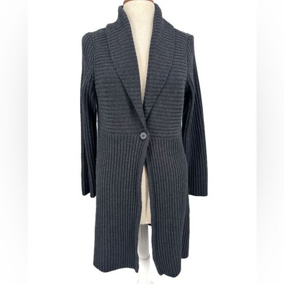 Eileen Fisher Long Merino Wool Ribbed Cardigan Gray Small - Picture 1 of 5
